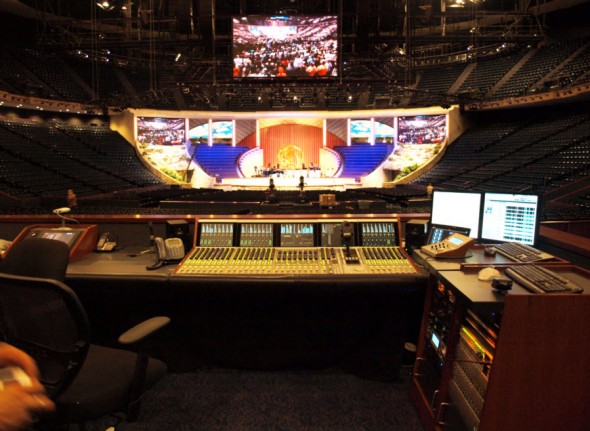 The view from behind the Euphonix mixer at FOH